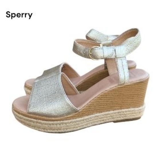 Sperry Topsider Plushwave Fairwater Metallic Gold Tan Leather Espadrille Wedge 9 - Picture 4 of 13